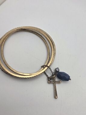 Lucky Brand Antique Brass Stacking Bangles Set Cross & Charm Accents
